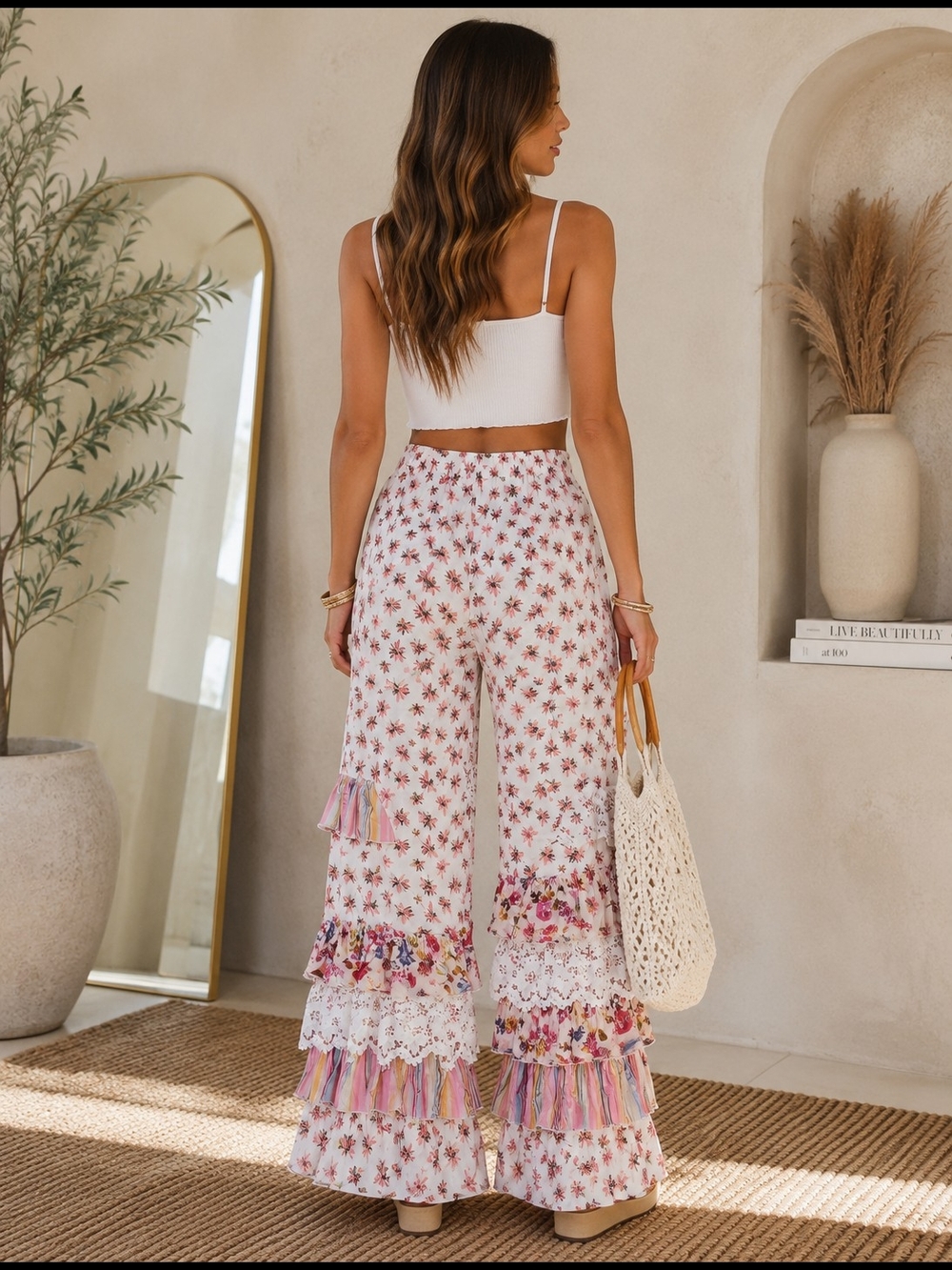 Boho Floral Tiered Wide-Leg Pants in Ivory Pink - NWOT - Picture 2 of 6